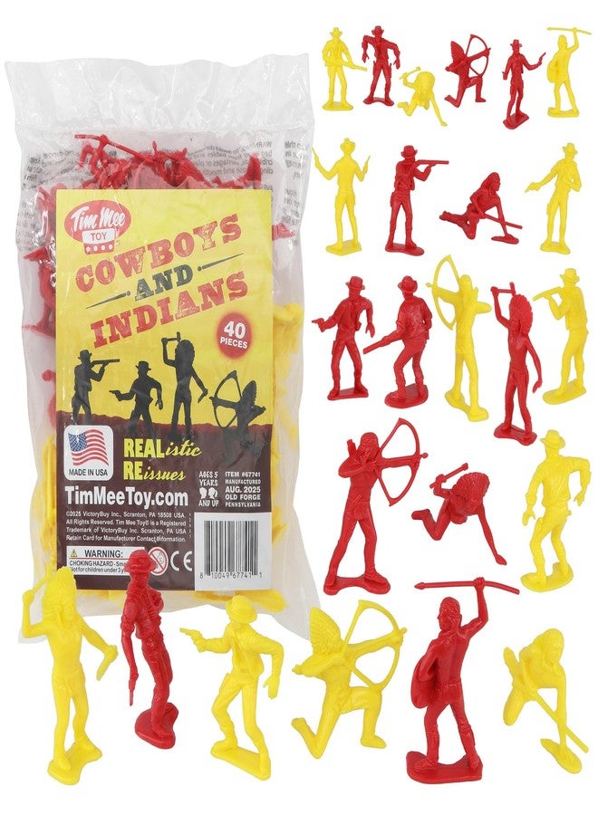Tim Mee Toy TimMee Cowboys & Indians Plastic Figures - 40pc Red & Yellow Playset - US Made - Image 1